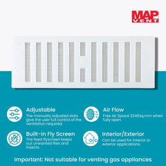 MAP Adjustable Plastic Air Vent Grille With Flyscreen Cover, White, 9 inches x 3 inches