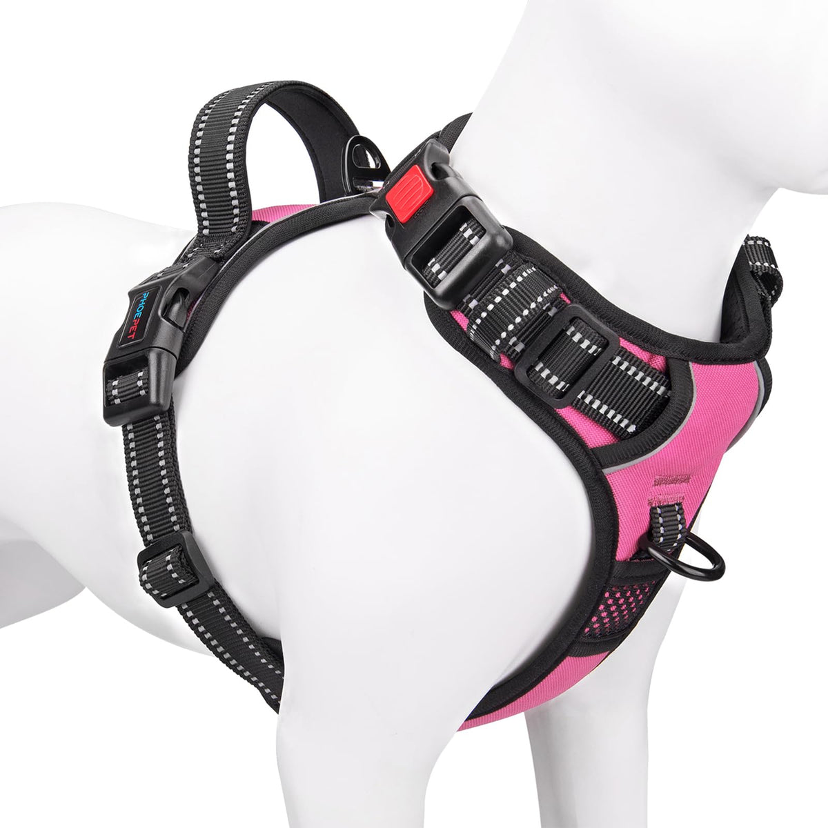 PHOEPET Reflective Dog Harness Large Breed Adjustable No Pull Vest with with Handle 2 Metal Rings 3 Buckles [Easy to Put on & Take Off](XL, Pink)