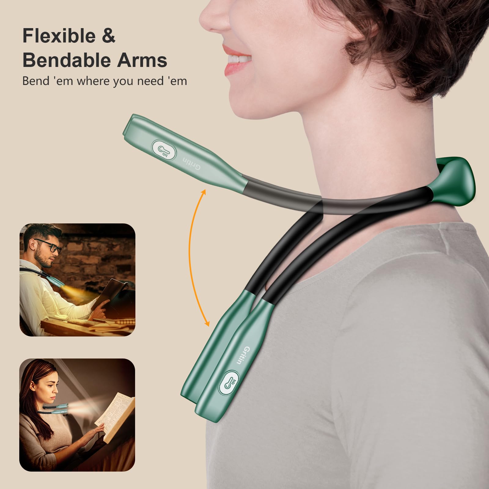 Gritin Neck Reading Light, Rechargeable Book Light for Reading in Bed at Night-Eye Caring 3 Colors, Stepless Dimming, 80andHrs Runtime, Neck Curve Fit Design, Comfortable for Readers-Blackish Green