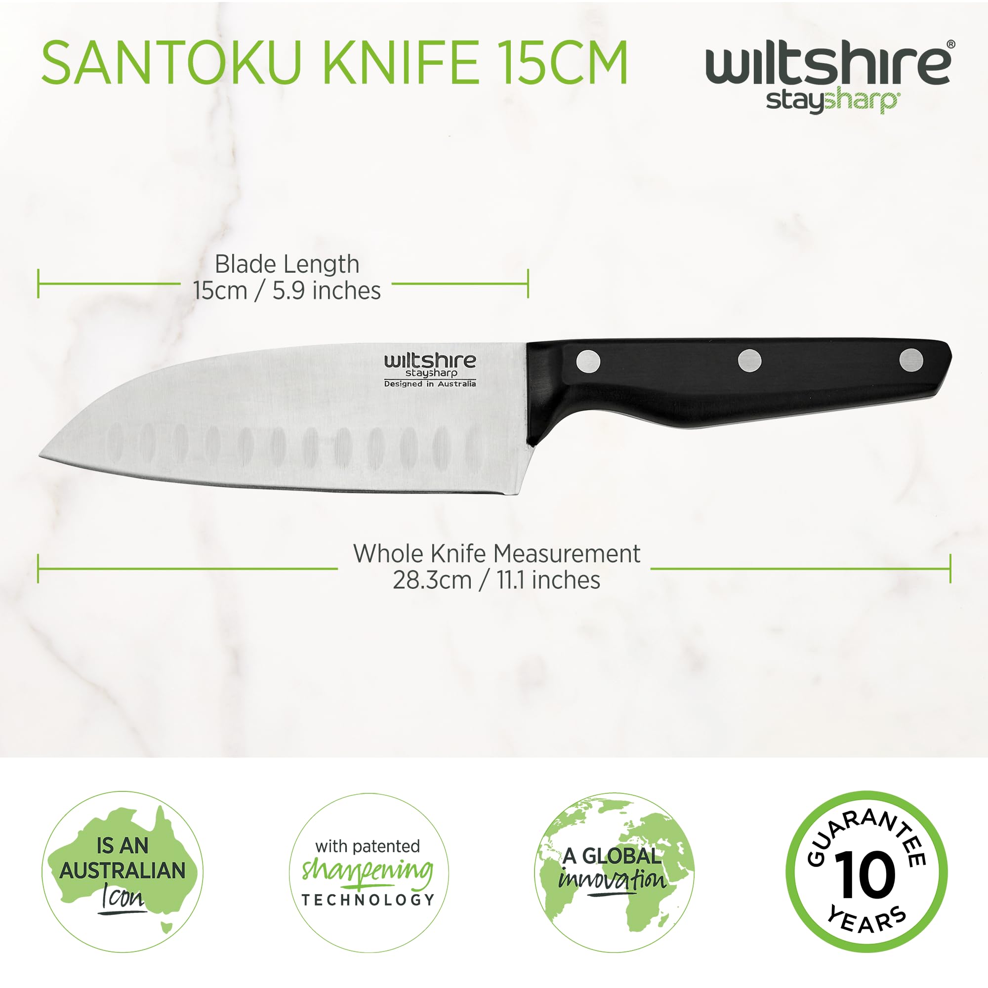 Wiltshire Staysharp Triple Rivet Santoku Knife 15cm6,Kitchen Knife with Built-in Sharpener,Keep Your Knife Sharp at All Times,Slim Design Scabbard,Ergonomic Triple Rivet Handle,10 Year Guarantee