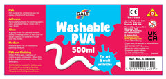 Galt Washable PVA Glue for Crafting, 500ml - Slime Making Easy Clean Kids Glue, Washes Out of Clothes - Clear Arts and Crafts Glue for Paper, Card, Wood and Fabrics - Children Safe, Ages 3 Years Plus