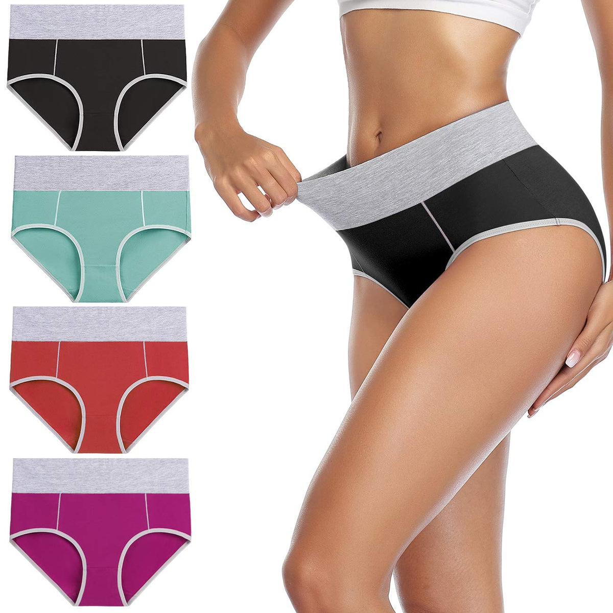 wirarpa Underwear Women High Waist Cotton Knickers Ladies Panties Full Coverage Briefs Underpants Plus Size Multicolour 4 Pack XS