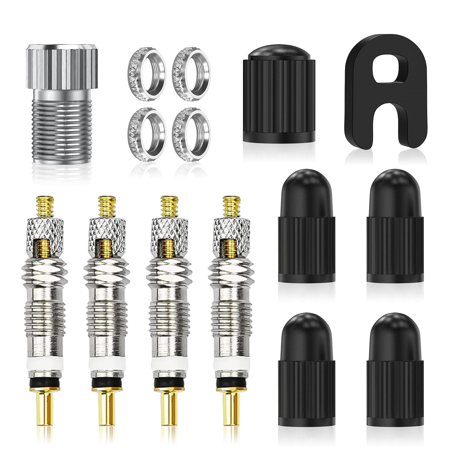 Flintronic Presta Valve Core Set, 15PCS Presta Valve Core Replacement Set Included Brass Presta Valve Adapter & Valve Core Remover Plastic Caps Rim Nuts, Valve Core Remover Tool Kit for Bicycles