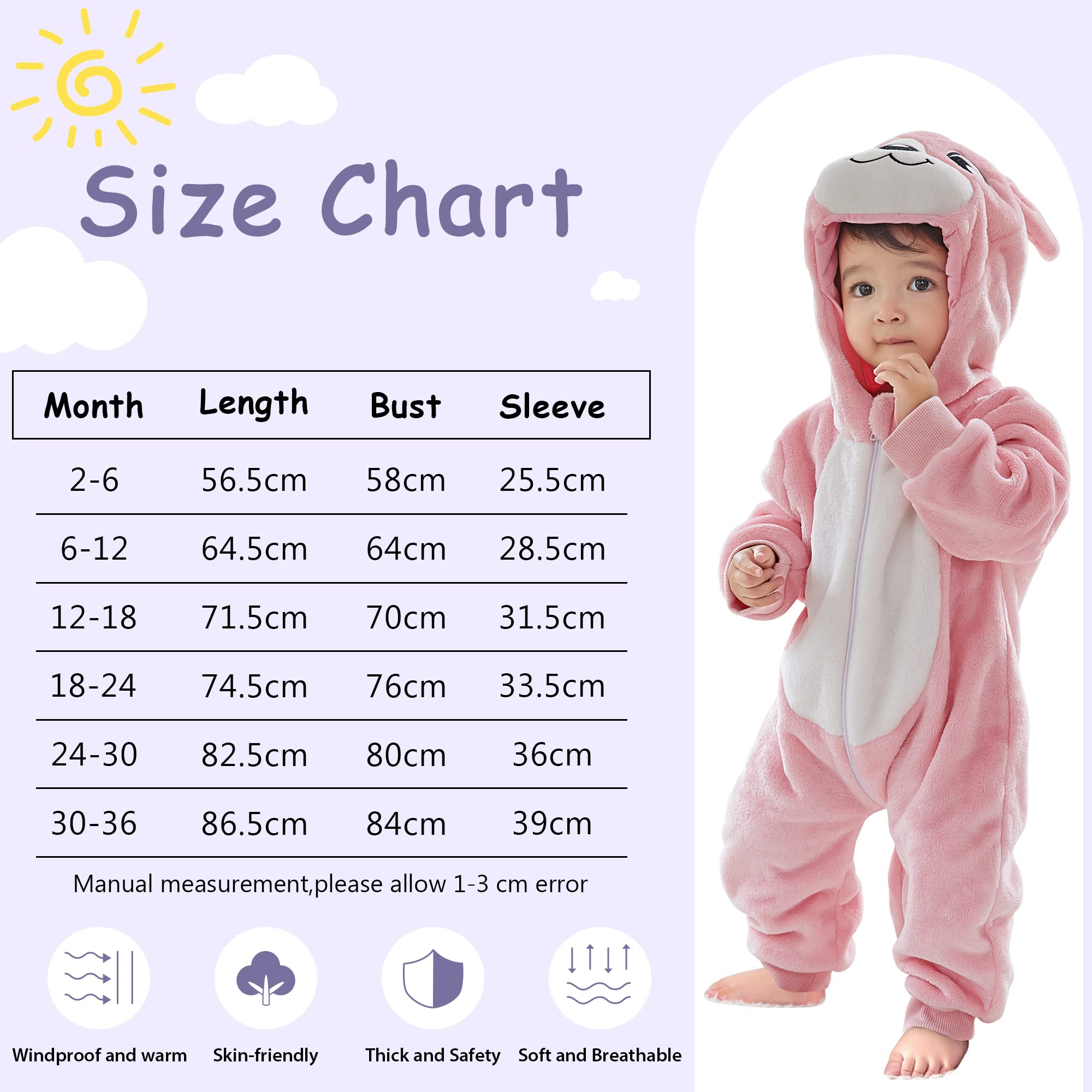 COOKY.D Newborn Baby Animal Hooded Zipper Romper 2-6 Months Long Sleeve Pink Flannel Warm Outfits