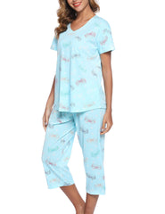 ENJOYNIGHT Womens Pyjamas Short Sleeve Top and Cropped Bottoms Pjs Set Cotton Loungewear Cute Print Nightwear (Large,Blue Flying)