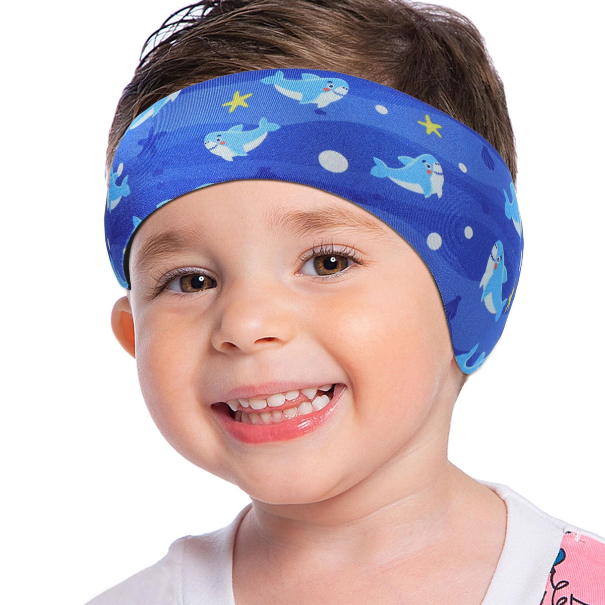 MoKo Swimming Headband for Kids, Cute Swinmmers Headband Ear Band for Kids Keep Water Out Waterproof Ear Protection Band for Bathing Swimming Ear Band, S Size - Dark Blue Shark