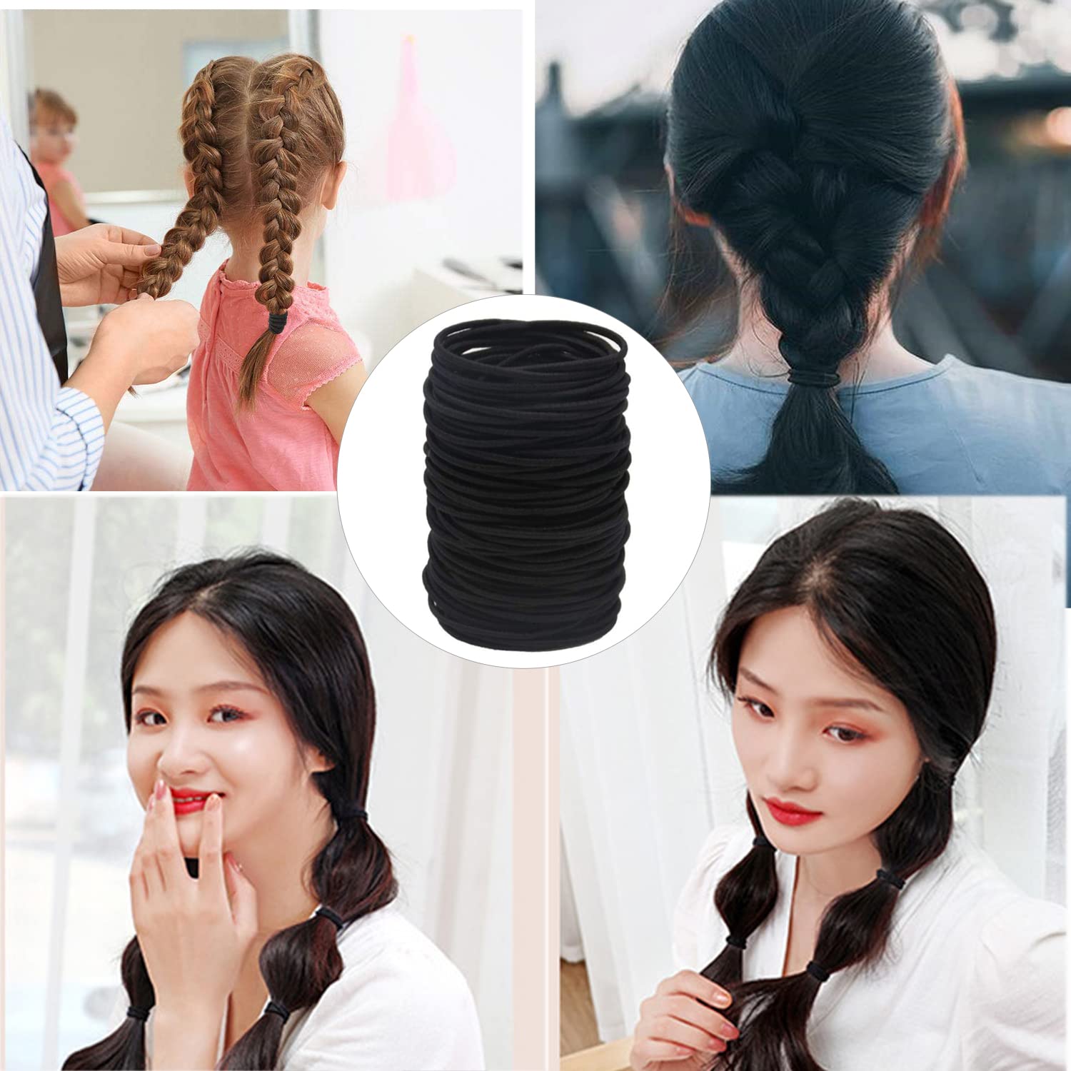 Elastic Hair Bands (50 Pieces), 2mm Elastic Hair Ties Ponytail Holders, Bulk Hair Ties No Metal Gentle Elastics for Women Men Girls Kids - Black