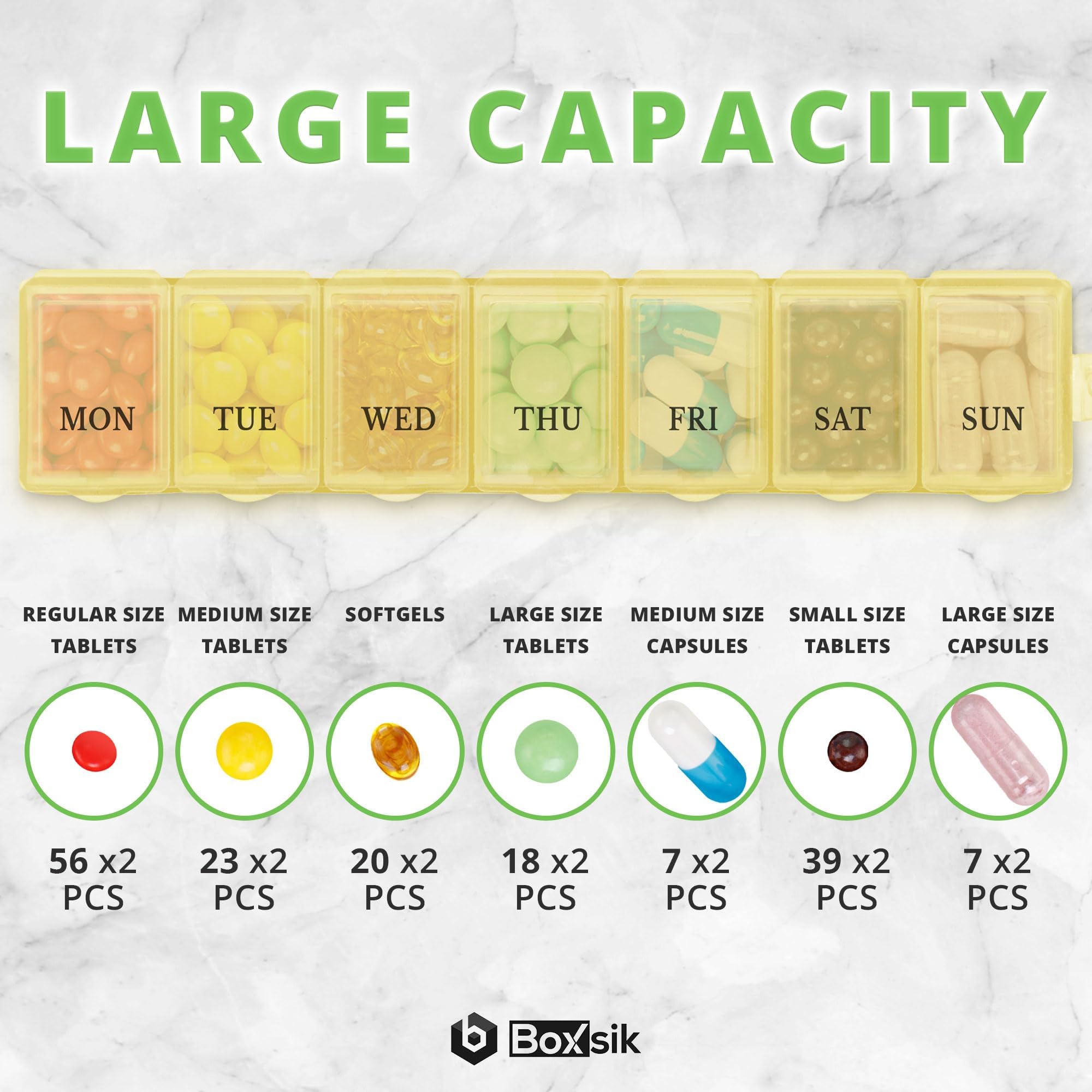 Boxsik Pill Box Organiser (Yellow), 7-Day 1 Times a Day Medicine Storage Case, Weekly Tablet Pills Container for Vitamins, Supplements & Travel Medication, Safe & Portable Medicine Holder