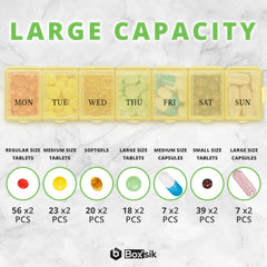 Boxsik Pill Box Organiser (Yellow), 7-Day 1 Times a Day Medicine Storage Case, Weekly Tablet Pills Container for Vitamins, Supplements & Travel Medication, Safe & Portable Medicine Holder