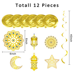 12Pcs Eid Decorations, Eid Decorations for Home,Eid Mubarak Banner Hanging Swirl Star Moon Castle Crescent Streamer-Ceiling Decorations for Islam Muslim Holiday Decorations Supplies