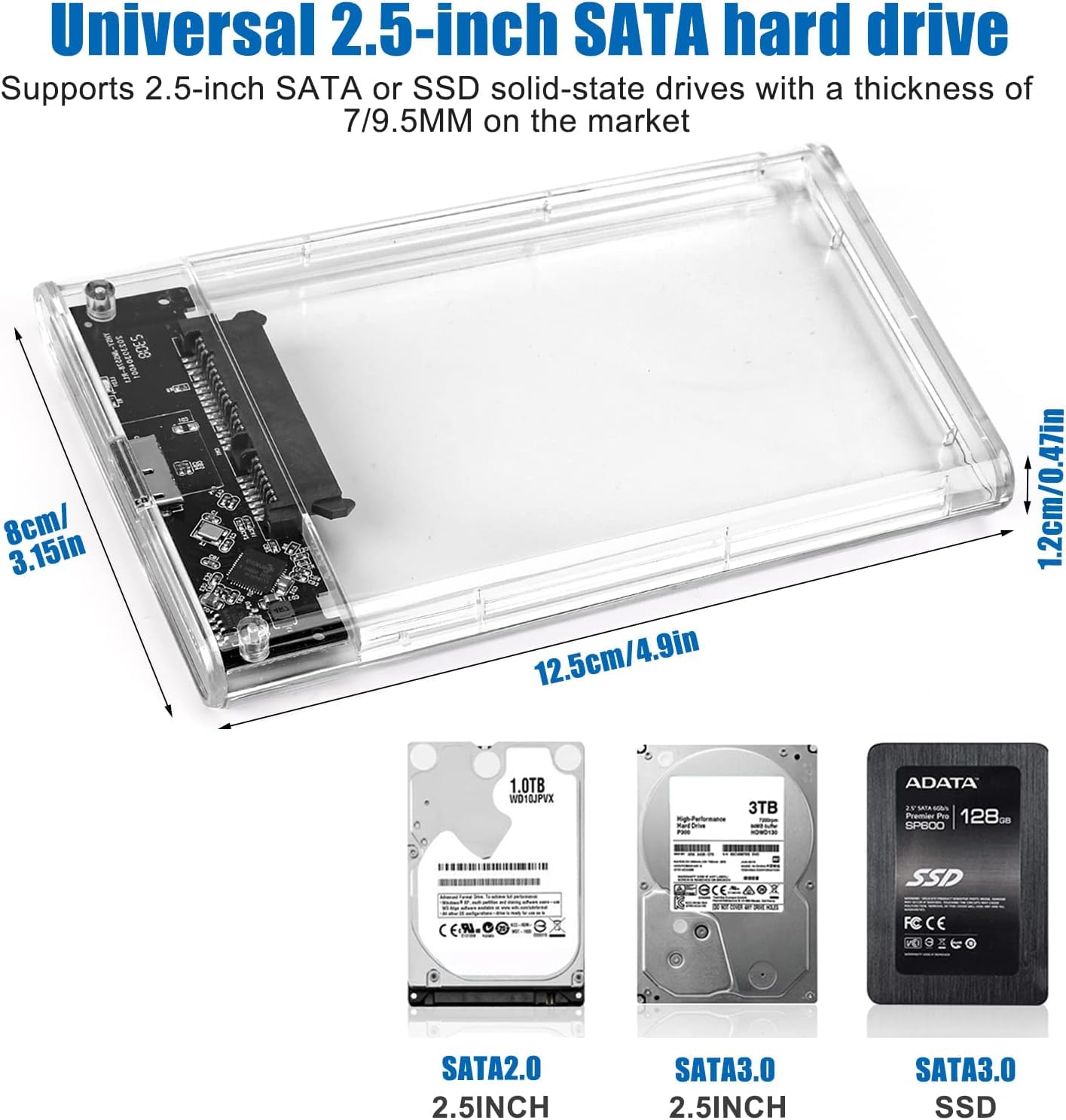 KingData SSD HDD Hard Drive Enclosure 2.5 inches inch SATA III USB 3.0 Caddy Case External Reader Laptop Fast Data Trasfer UASP Cable Included Tool-Free LED Indicator Clear