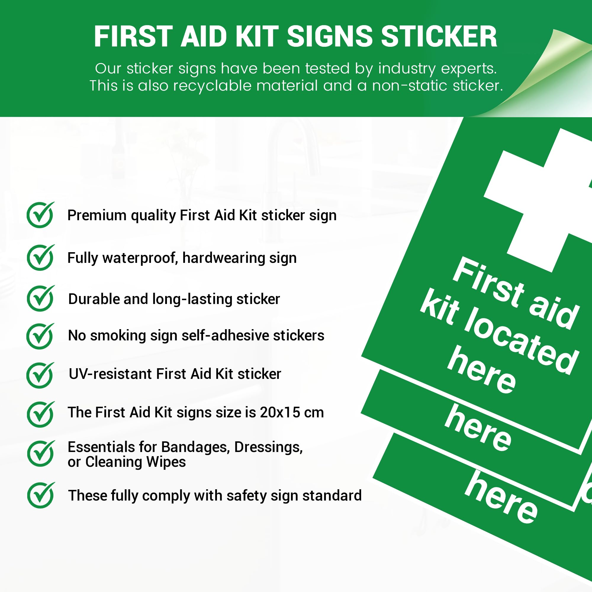 Rubigo First Aid Kit Sticker Located Here Safety Sign - Signs of Safety Self-Adhesive First Aid Sticker, ISO Certified First Aid Signs, 20x15cm (Pack of 1)