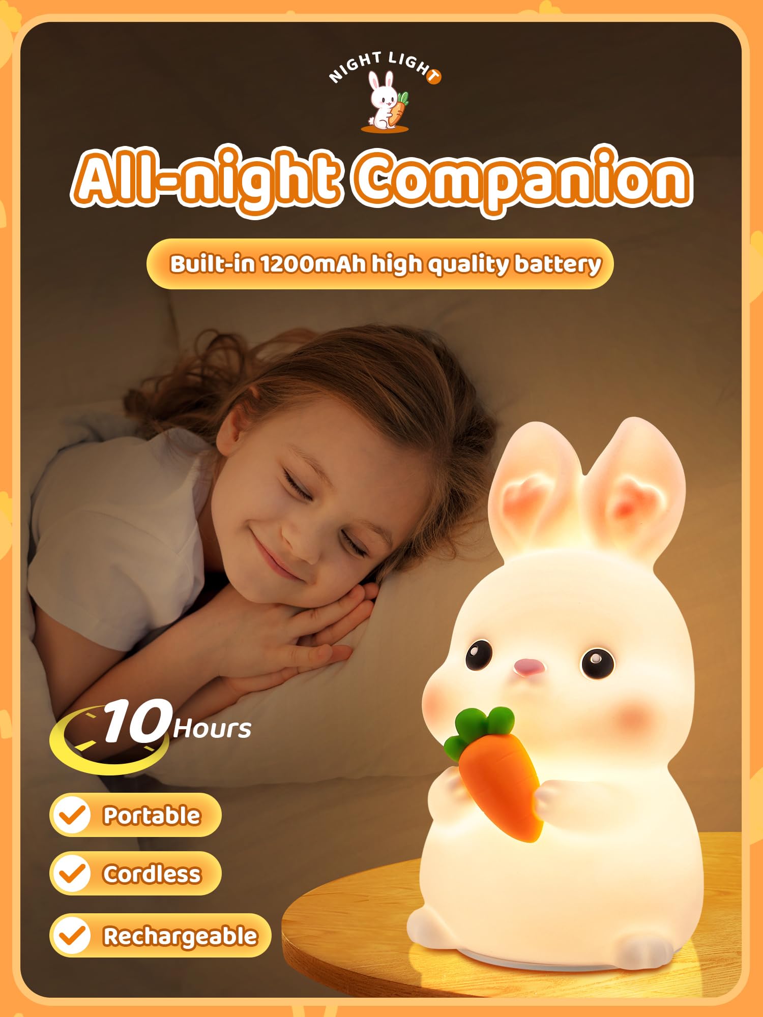 One Fire Bunny Night Light Kids,16 Colorsand5 Brightness Baby Night Light Kids Night Light Bedroom,RemoteandPortable Kids Night Light Baby Night Light Newborn,RechargeableandColdless Girls Night Light Kids