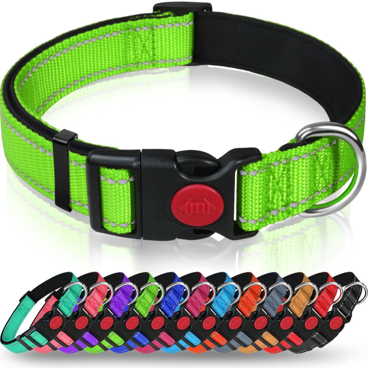 Taglory Reflective Nylon Dog Collar with Safety Buckle, Adjustable Pet Collars with Soft Neoprene Padding for Small Dogs, Green