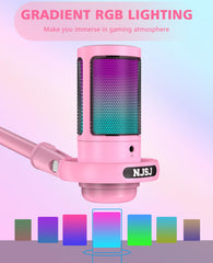 NJSJ Gaming Microphone, USB Microphone for PC/ PS4/ PS5/ Mac/Phone, Condenser Mic with Touch Mute, Brilliant RGB Lighting, Gain knob & Monitoring Jack for Recording, Streaming, Podcasting (Pink)