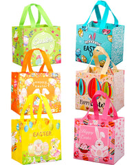 YOOYEH 6 Easter Tote Bags, Easter Egg Hunt Bags with Handle Non- Waven Gift Bags Easter Bags for Gifts Wrapping, Egg Hunt, Easter Party Supplies