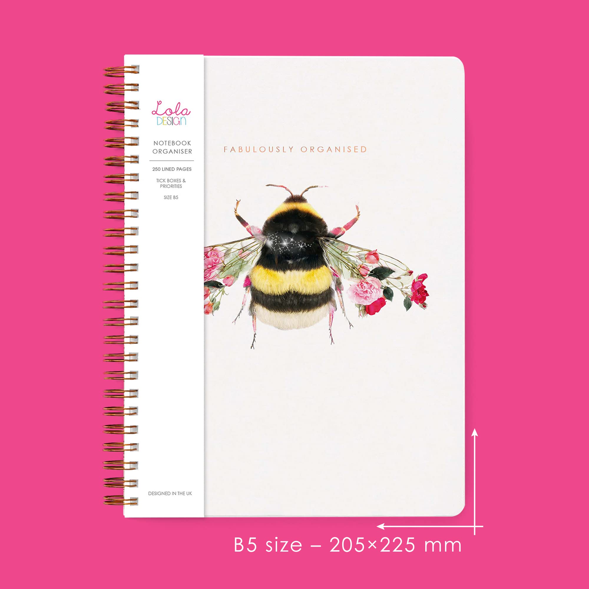 Lola Design - Wildlife Botanical Spiral Notebook - Planners & Organisers - Cute Stationery - Bumble Bee Notebook 255x205mm