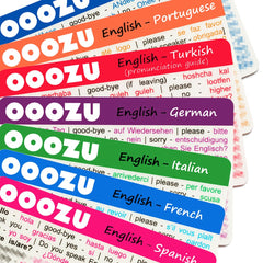 OOOZU Multipack - 11 Lightweight Language Cards - Essential Travel Words And Phrases In Spanish, Italian, French, German, Portuguese, Greek, Turkish, Dutch, Japanese, Polish and Czech