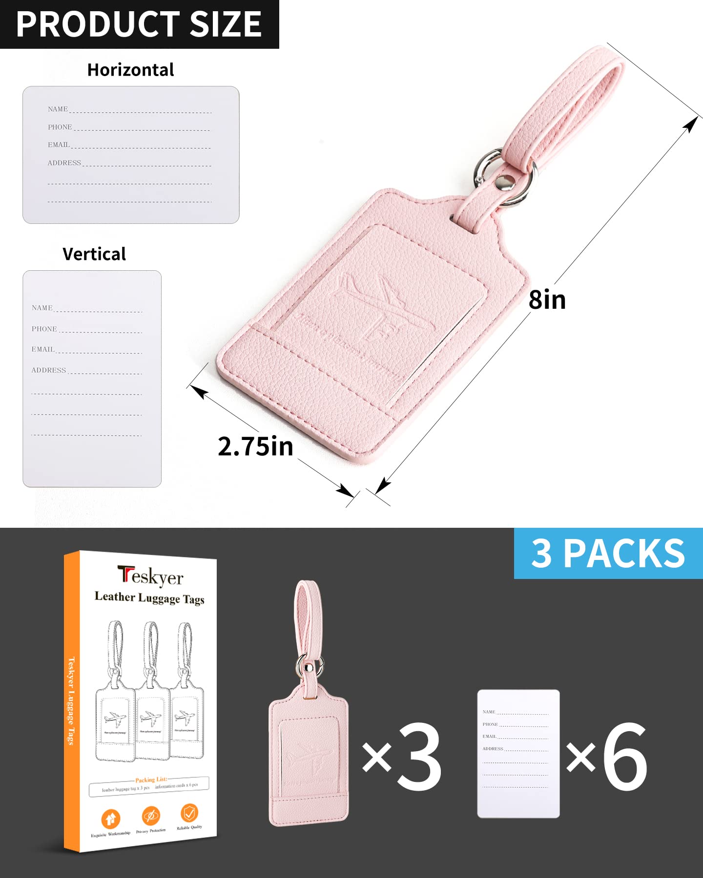 Teskyer 3 Pack Luggage Tags for Suitcases, Luggage Labels, Microfiber Leather, Strong, Durable, Noticeable, Travel Tags for Luggage, Travel Accessories, Light Pink