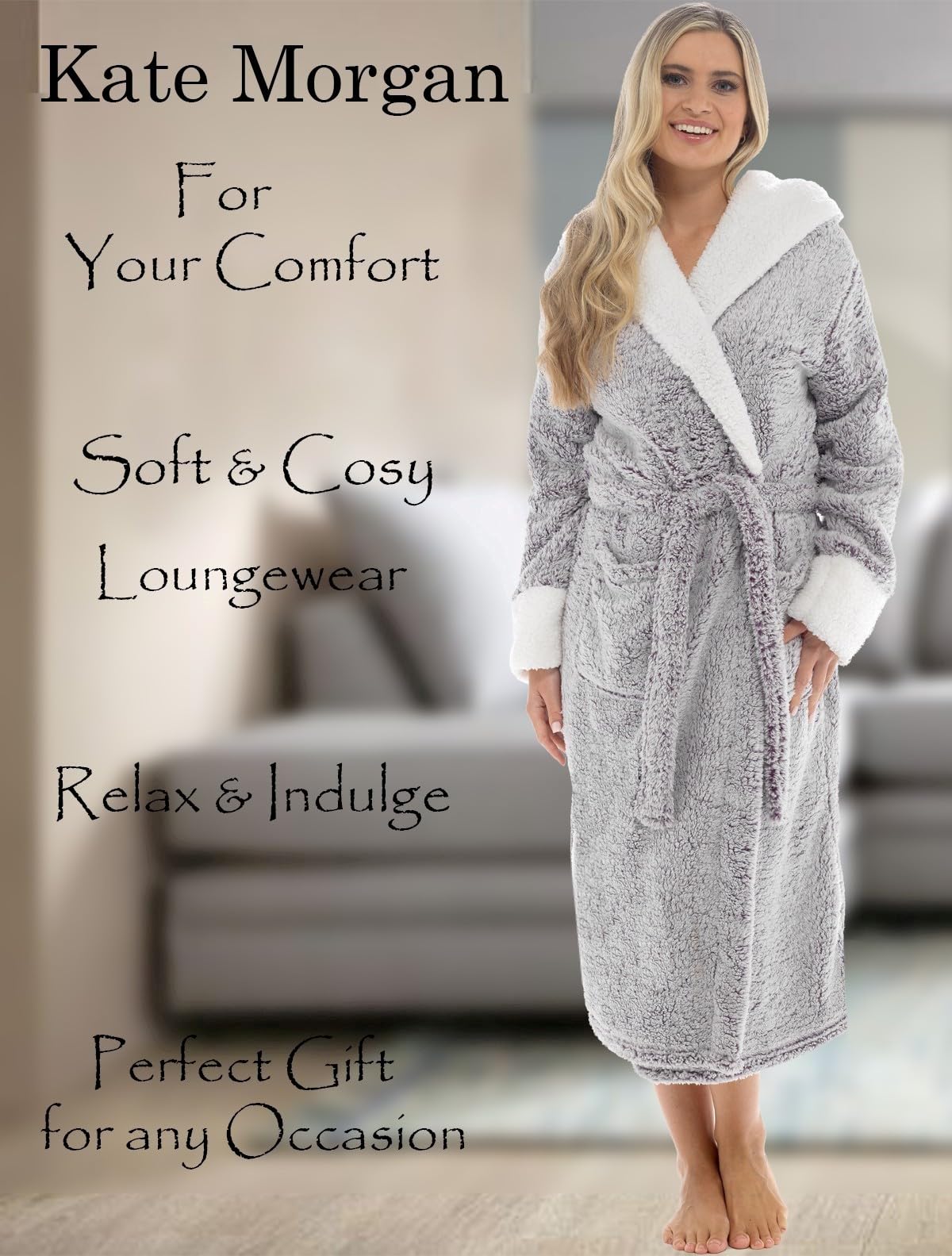 KATE MORGAN Ladies Dressing Gown Fluffy Super Soft Hooded Bathrobe for Women Plush Fleece Perfect Loungewear Long Robe   Gifts for Women S Purple