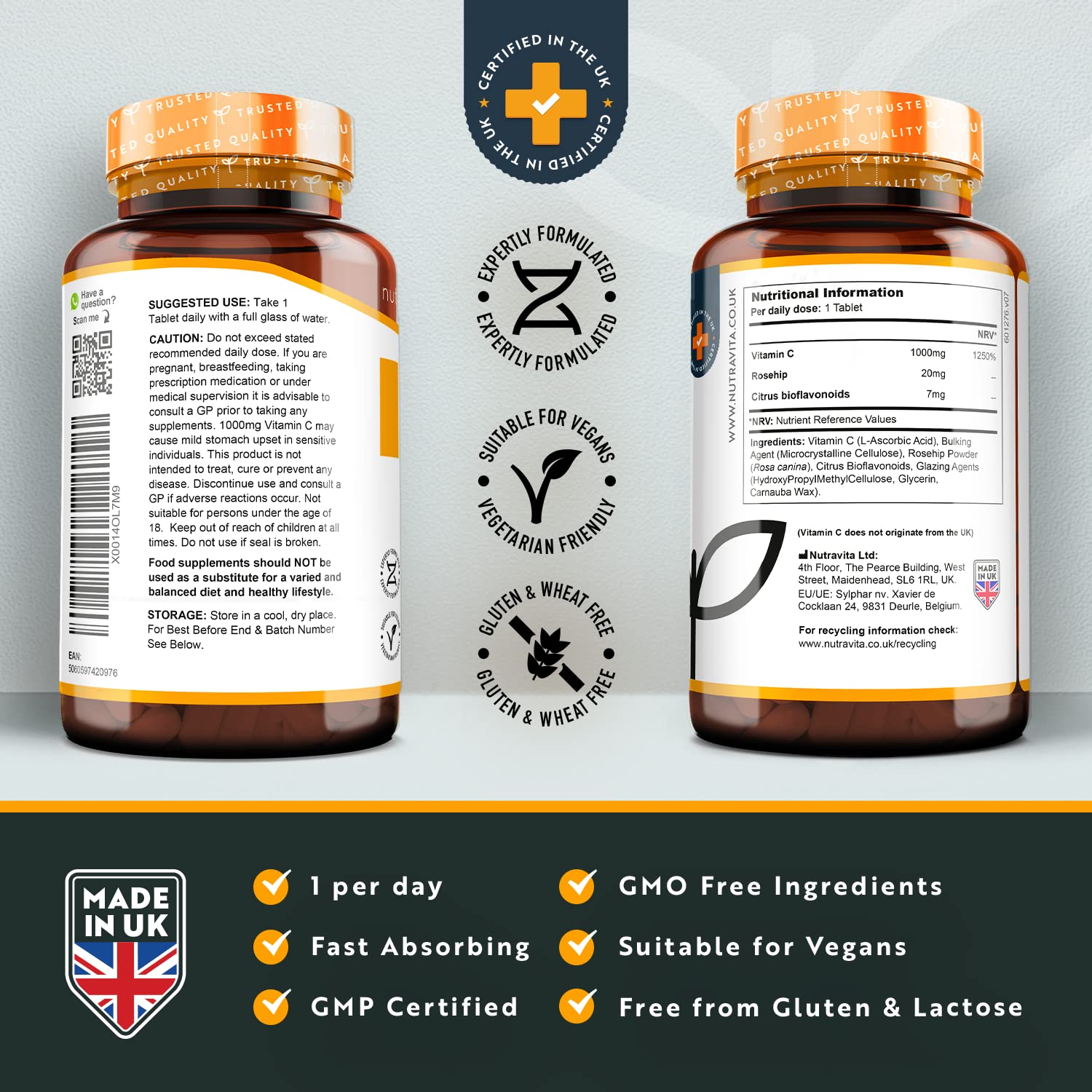 Vitamin C 1000mg – 180 Premium Vegan & Vegetarian Tablets – 6 Month Supply – High Strength Ascorbic Acid – with Added Bioflavonoids & Rosehip – for Normal Immune System – Made in The UK by Nutravita