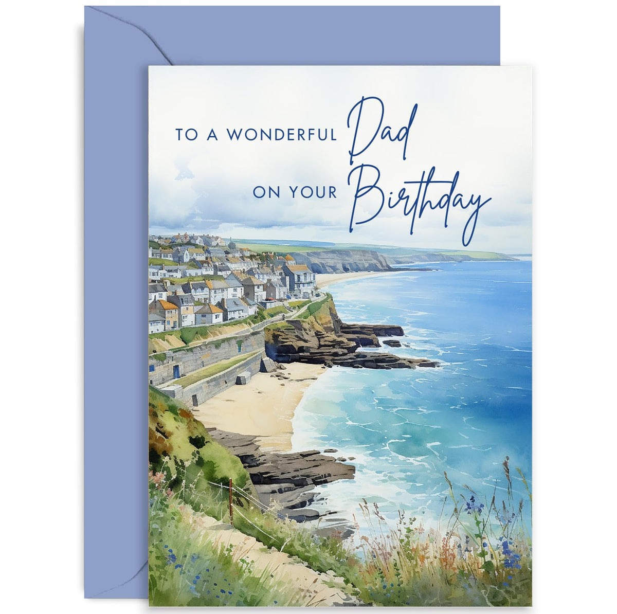 Old English Co. Artistic Birthday Card for Dad - Watercolour Seaside Town Birthday Card for Wonderful Dad - Traditional Birthday Card for Him - For Dad   Blank Inside with Envelope