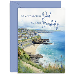 Old English Co. Artistic Birthday Card for Dad - Watercolour Seaside Town Birthday Card for Wonderful Dad - Traditional Birthday Card for Him - For Dad   Blank Inside with Envelope