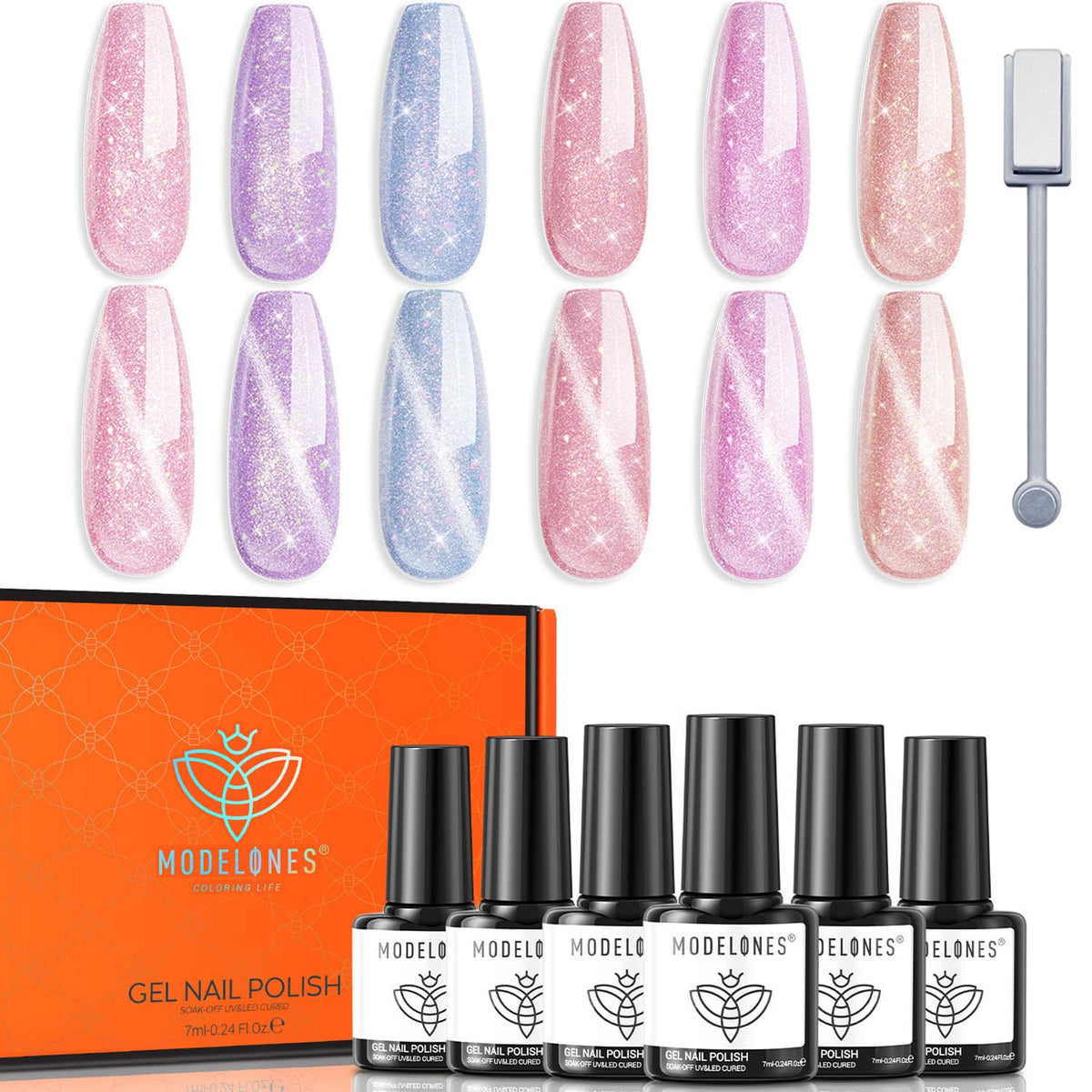 Modelones Holographic Glitter Cat Eye Gel Nail Polish Kit 6 Colors with Magnet Rainbow Pastel Gel Polish Soak Off Led Gel Nail Polish Set Nail Art Gel Manicure Salon DIY Gifts