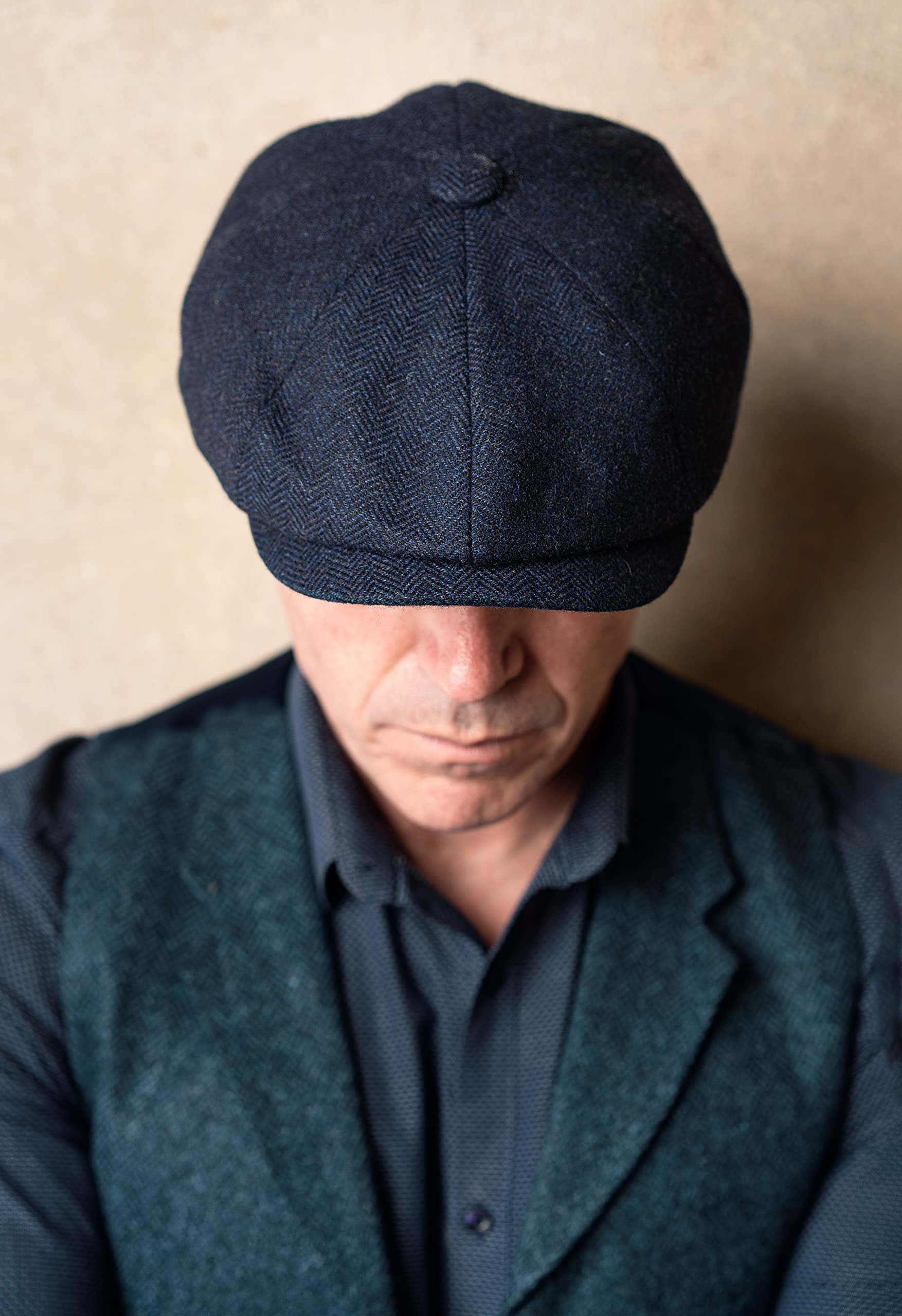 Gamble & Gunn Shelby' Flat Cap Navy Herringbone Vintage Style Baker Boy Cloth Hat Button Top - 63cm