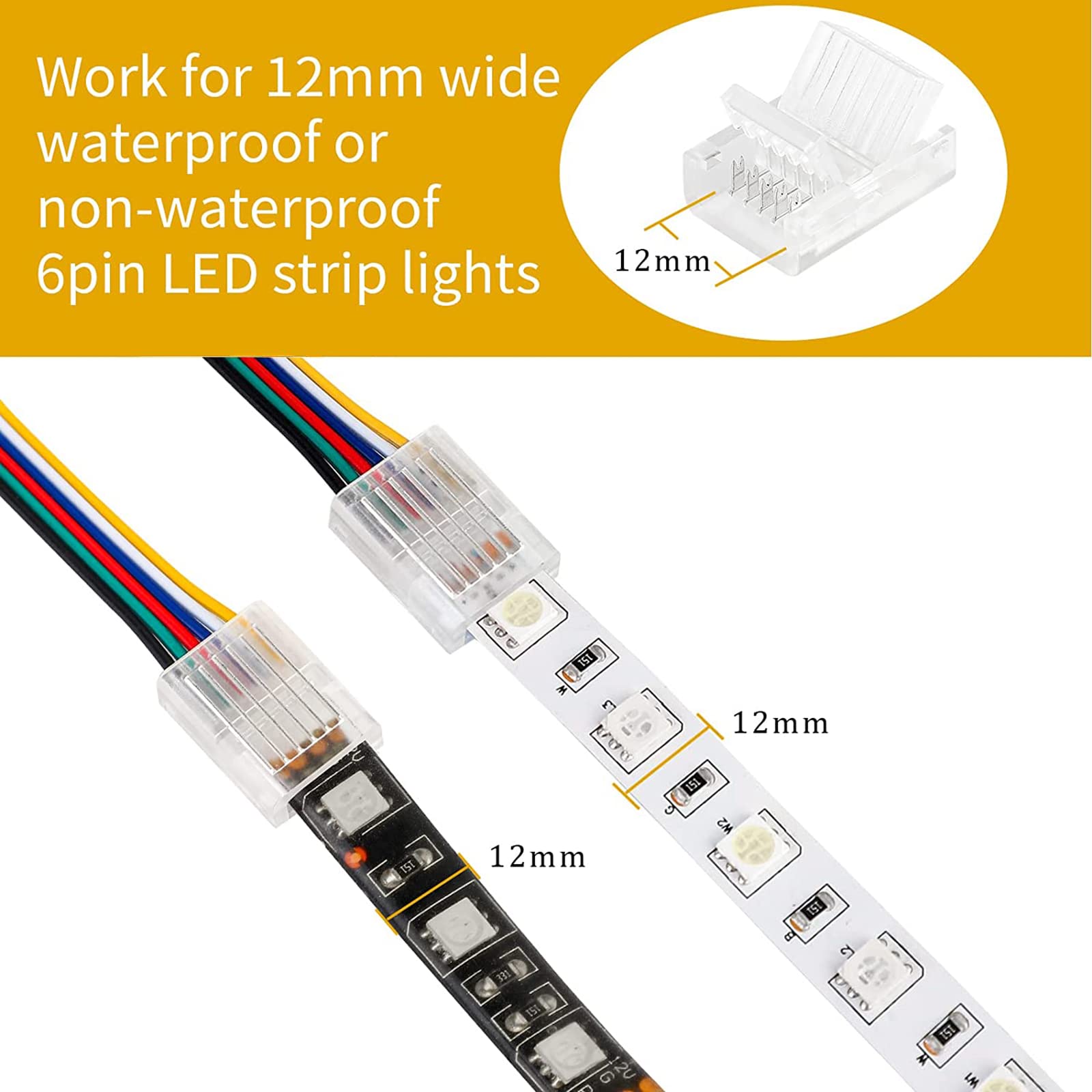 HOMELYLIFE 6 Pin 12mm LED Strip Connectors Transparent Solderless 10 Pack with 16.4ft Extension Cable 6 Conductor for Waterproof or Non-Waterproof LED Strip Lights