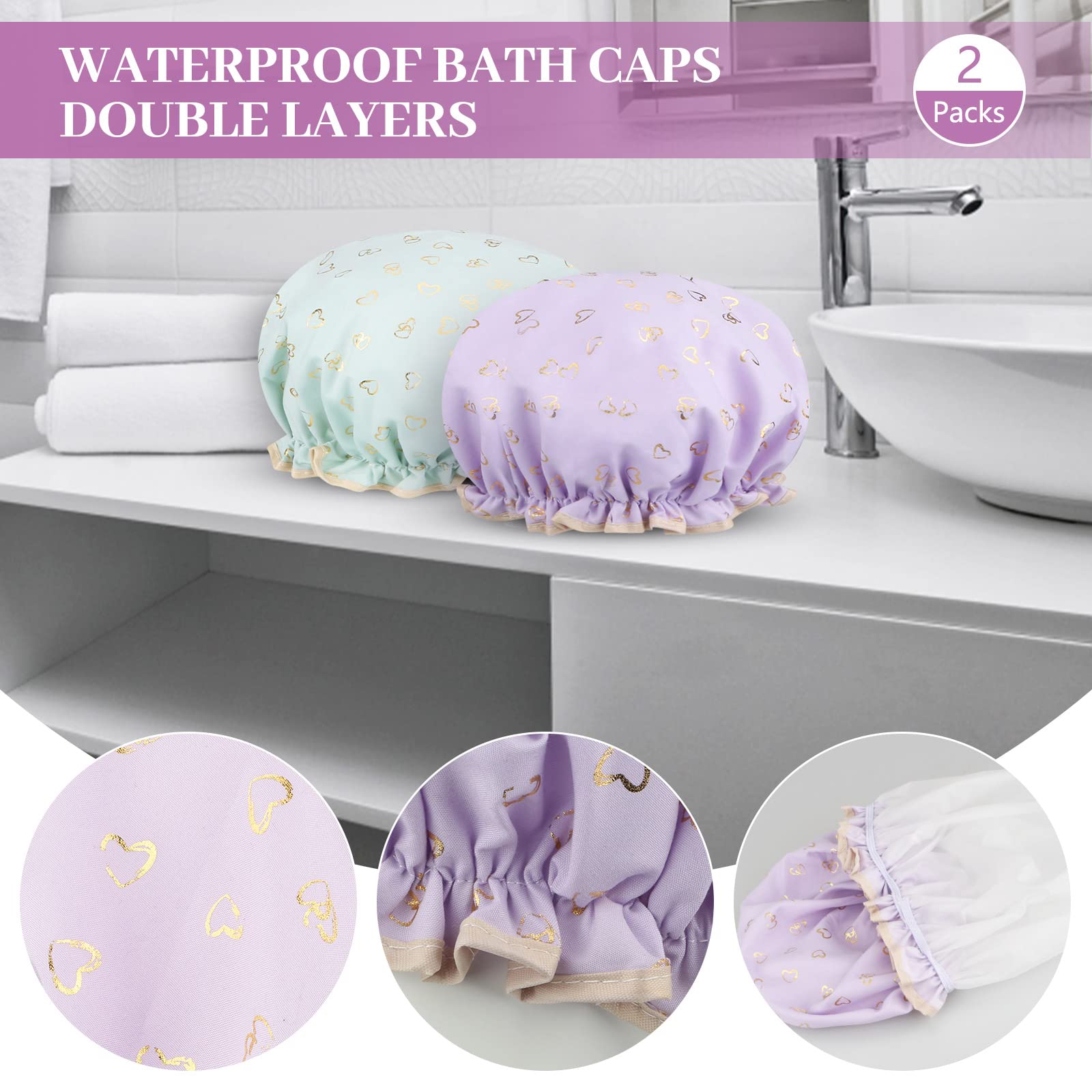 2 Pcs Shower Cap Elastic Band Waterproof Bath Caps Double Layers Reusable With Ruffled Edge Covering Ears for Girls and Women