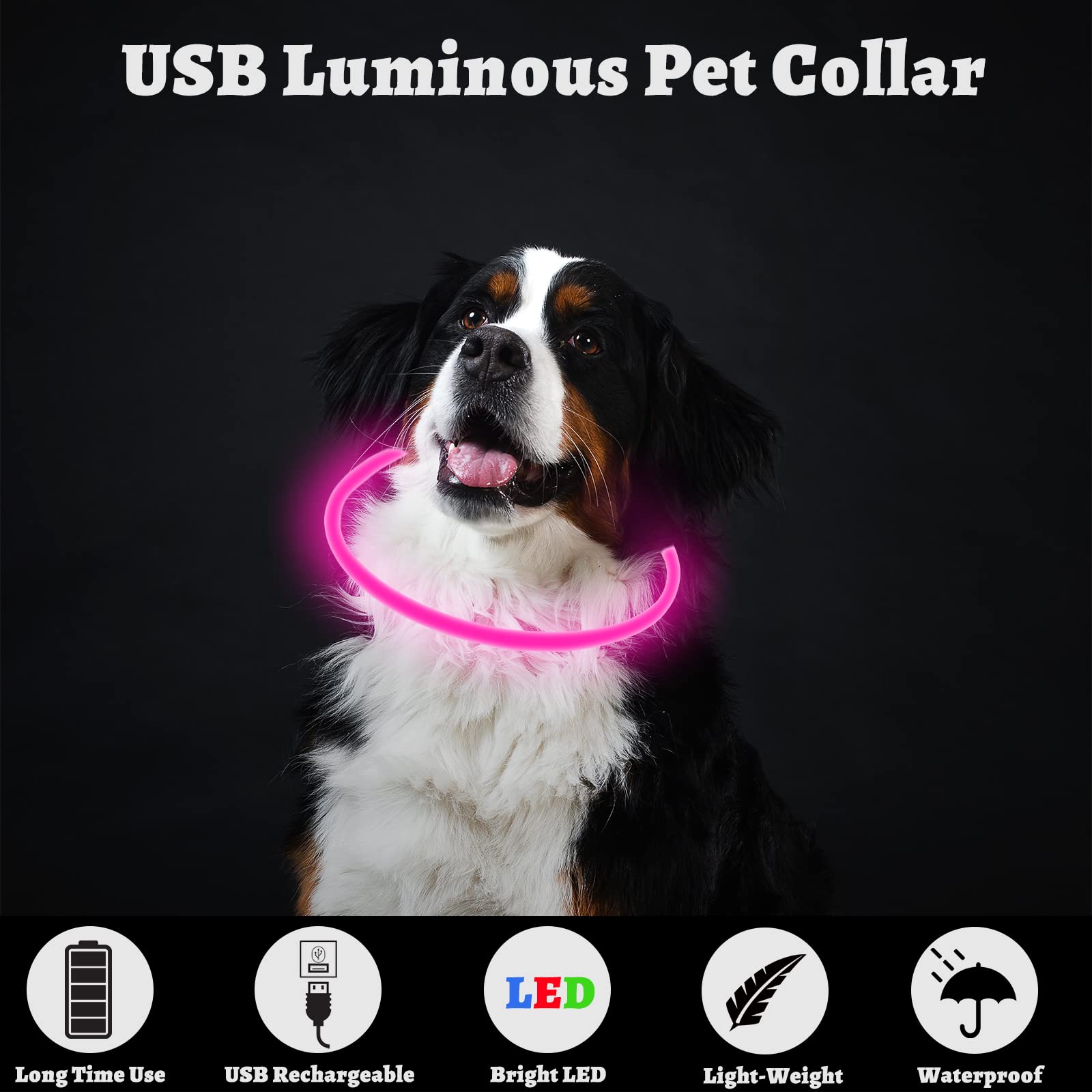 SONNIG LED Light Up Dog Collar USB Rechargeable, Adjustable and Waterproof Luminous Dog Collar with 3 Light Modes, Safe to Small, Medium and Large Dogs for the Dark, Pink