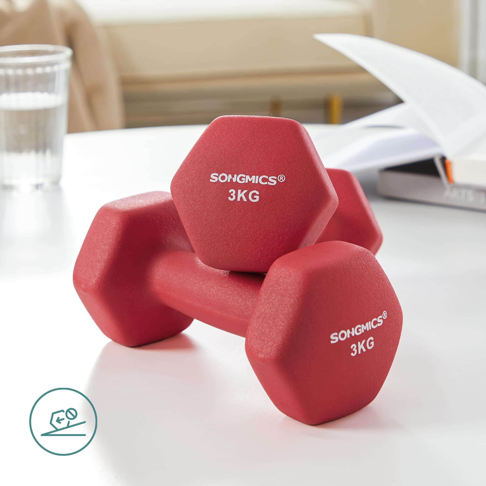 SONGMICS Set of 2 Dumbbells, 2 x 3 kg Hand Weights with Neoprene Coating, Hexagonal Dumbbells Pair, Home Workout, Fitness Training Exercise, Red SYL66RD