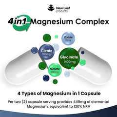 Magnesium Glycinate 4-in-1 Complex 2000mg - High Strength Magnesium Supplements - Magnesium Bisglycinate,Citrate, Malate, Oxide - 360 Capsules 449mg Elemental Magnesium - Vegan UK Made by New Leaf