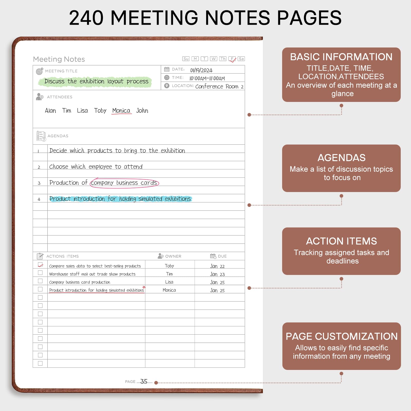 EMSHOI Meeting Notebook A4 Planner, 240 Pages Large Diary To Do List Notepad with 100gsm Thick Paper, Hardback Leather Journal for Women Men Office Business Work, 21.5 x 29cm - Coffee