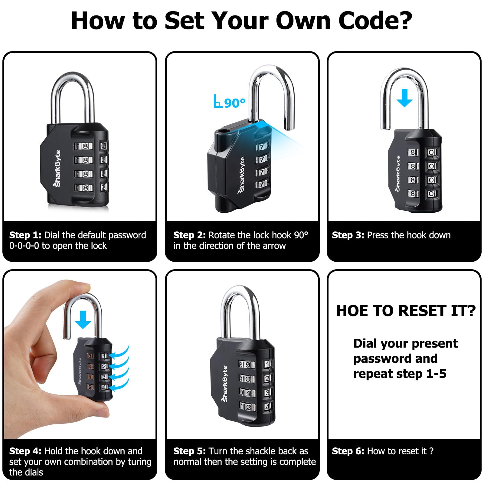 SharkByte Combination Padlock - 4-Dial Heavy Duty Combination Lock, Weatherproof Outdoor Lock Re-settable Combination Padlock for Gym, School, Locker, Outdoor Shed, Storage, Cabinet, Toolbox (3 Pack)