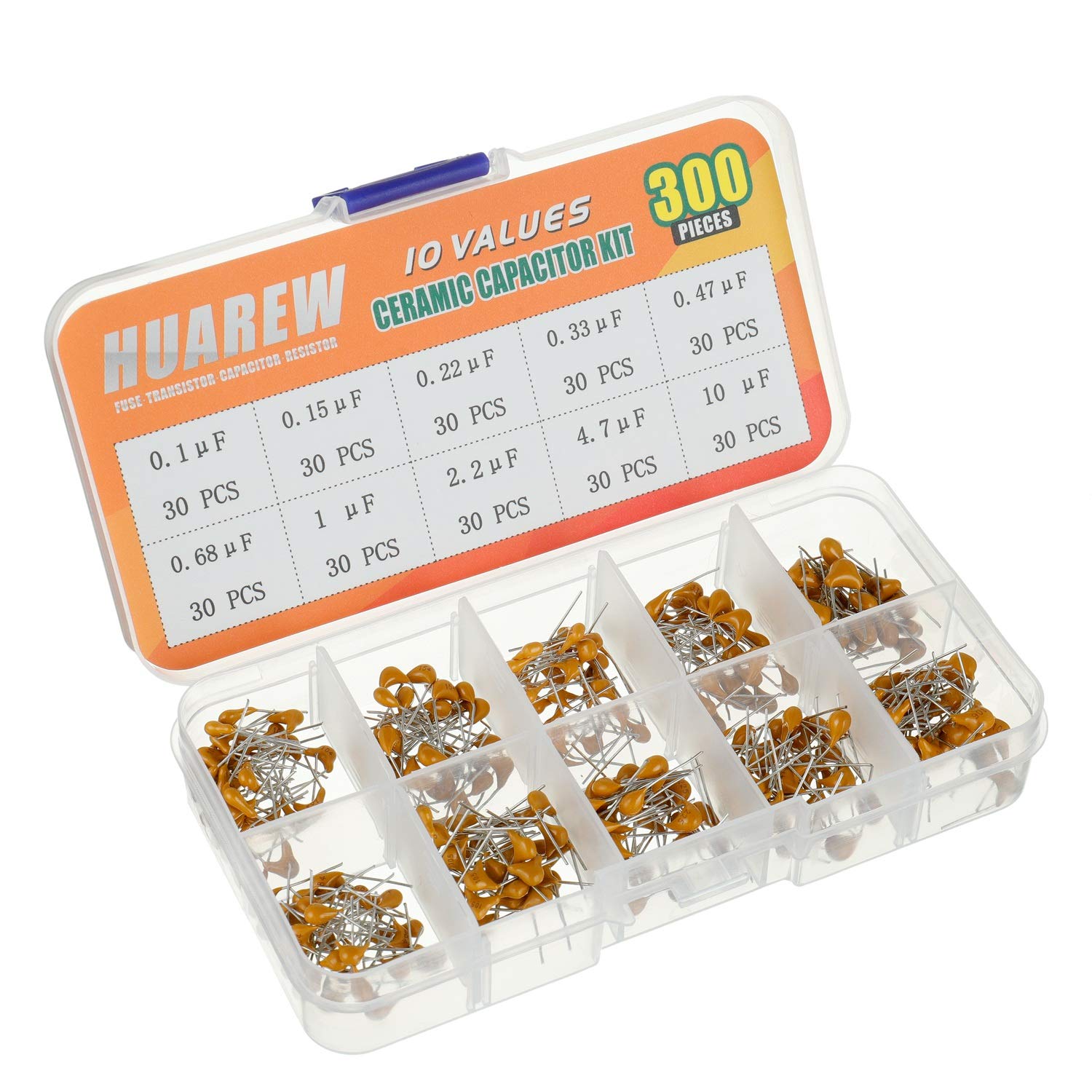 HUAREW 10 Values 300 Pcs Ceramic Capacitor 0.1 0.15 0.22 0.33 0.47 0.68 1 2.2 4.7 10 uF/100-10000 nF Assortment Kit