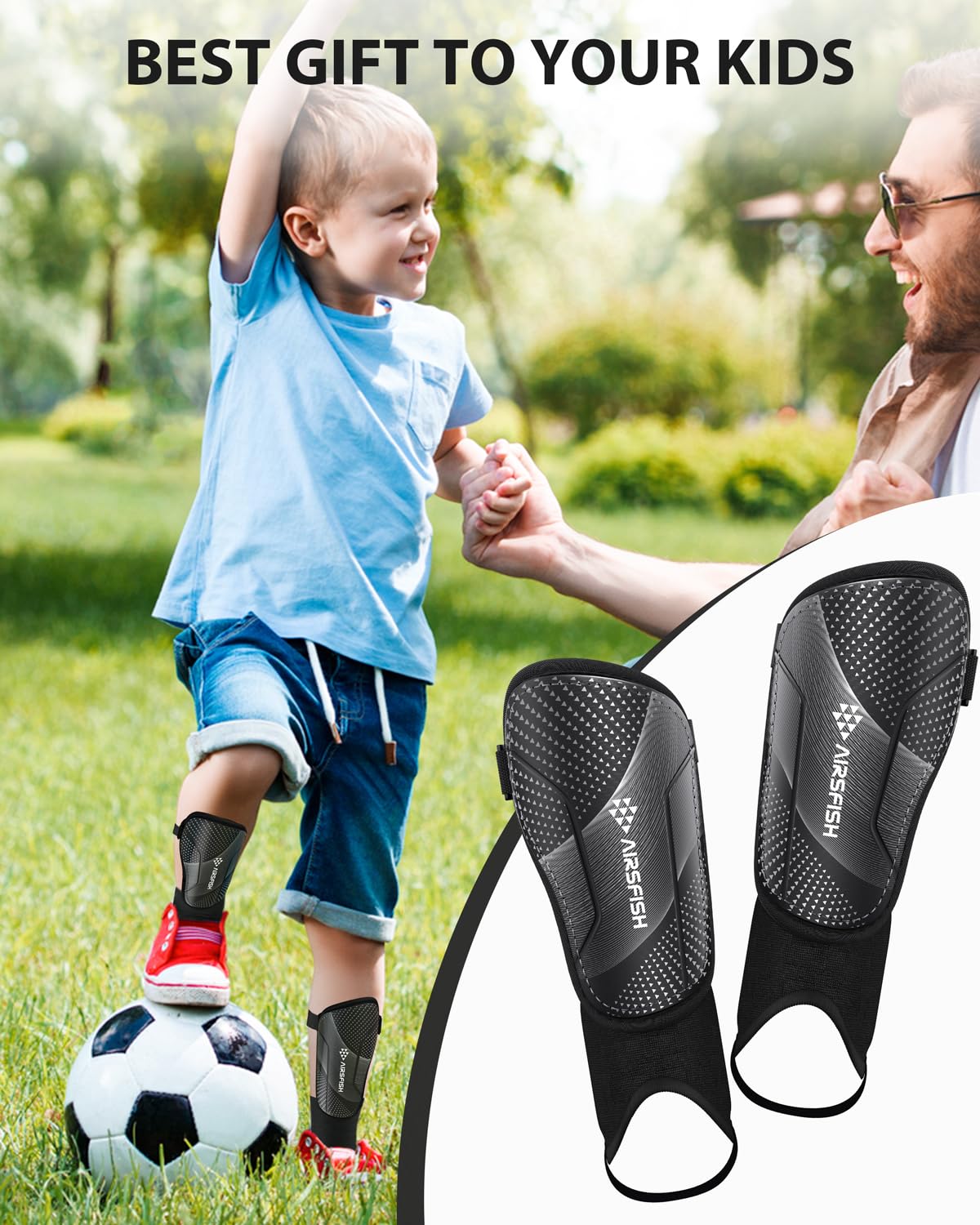 Shin Pads Boys Certified Airsfish Kids Shin Pads with Ankle Protection,High Strength Shin pads,Breathable Non Slip Extended Adjustable Straps,Protective Football Equipment for Boys and Girls