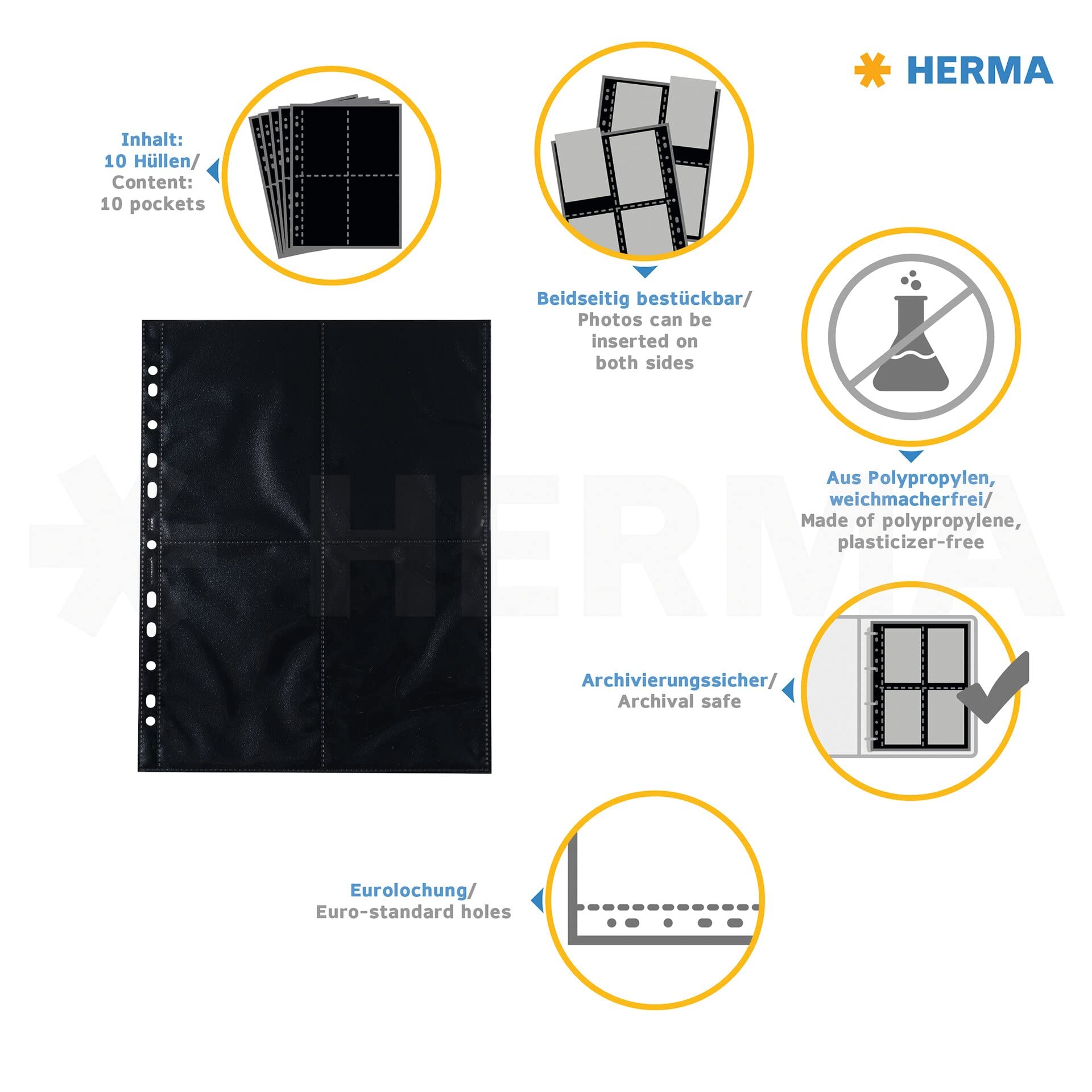 HERMA Photo Pockets for Ring Binder Albums, Acid Free, 10 x 15 cm / 4 x 6 inch Portrait Format, 80 Pockets, Black