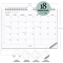 Wall Calendar 2024/25-18 Month Planner July 2024-Dec 2025 - A4 Landscape Wall Planner 2024-2025, Full Year Family Calendar 2024 2025 - Wall Calendar 2024-2025 - Home, Office 18 Month Diary 2024-2025