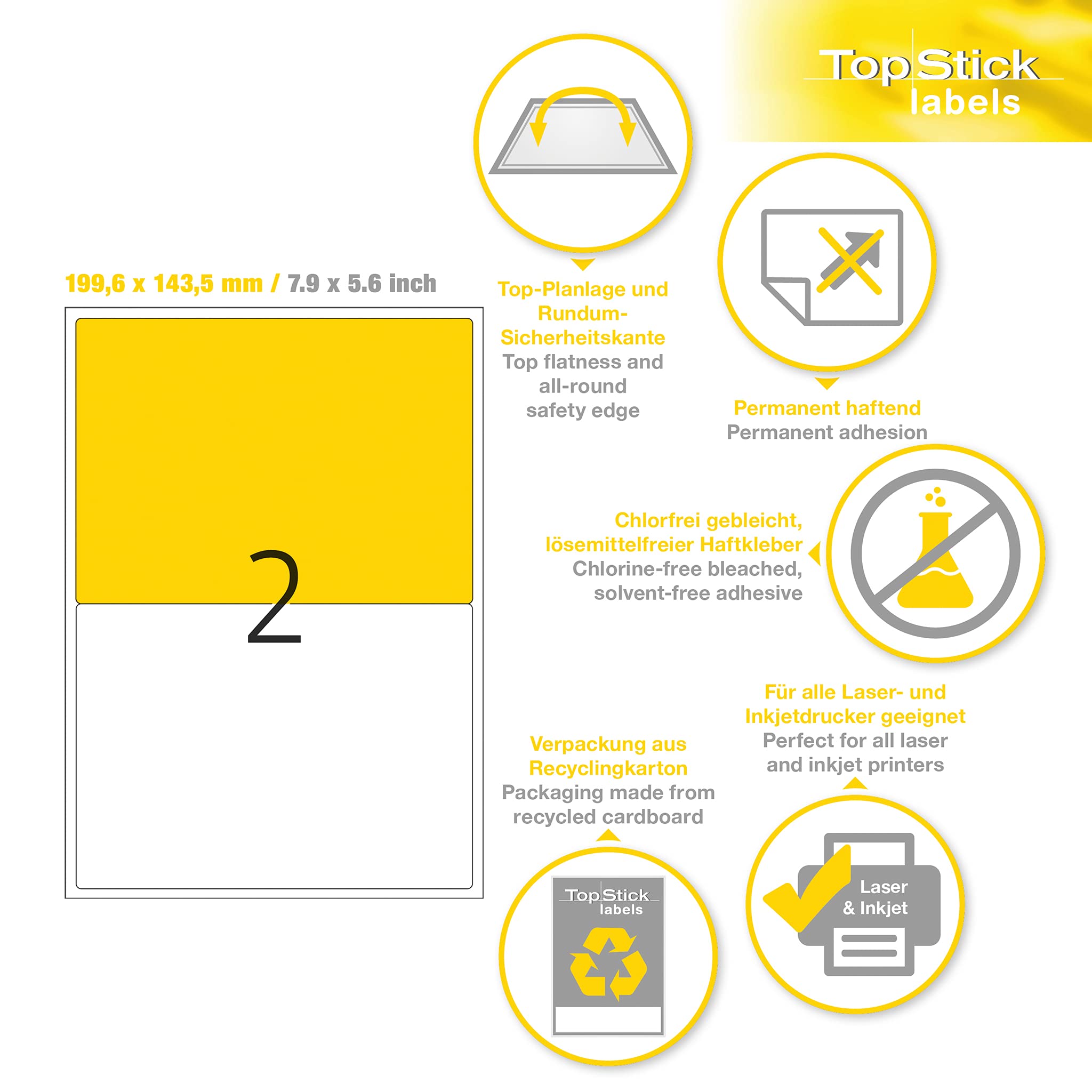 TopStick 8774 Parcel Shipping Paper Labels, 2 Labels Per A4 Sheet, 199.6 x 143.5 mm, 200 Labels, Self Adhesive, Stickers for Laser and Inkjet Printers, White