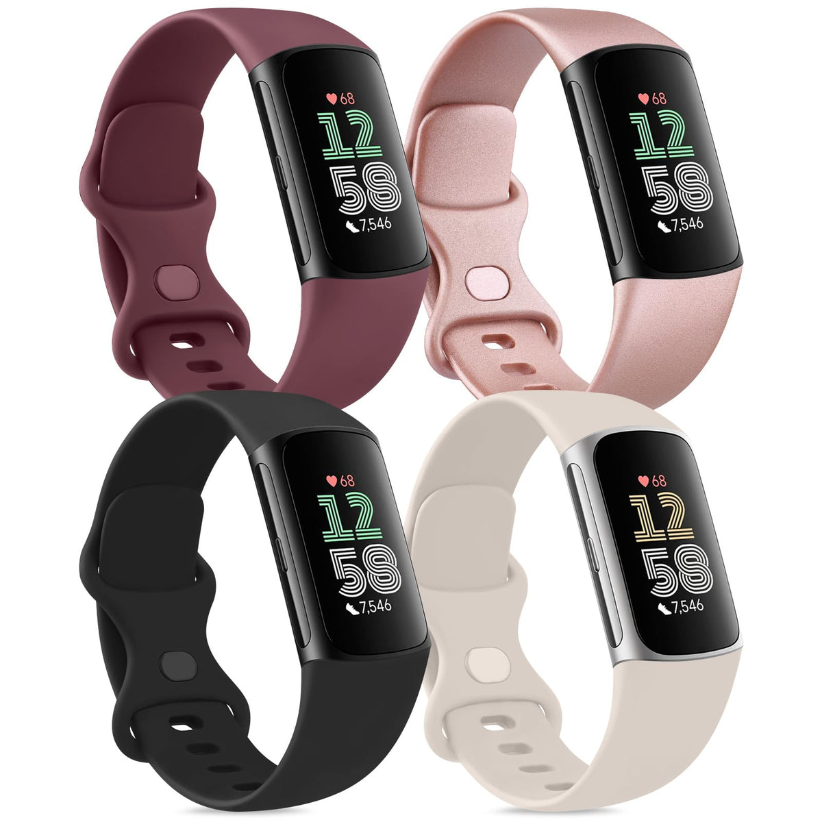 Pack 4 Straps Compatible with Fitbit Charge 6 Strap/Fitbit Charge 5 Strap for Women Men,Silicone Adjustable Replacement for Fitbit Charge 5/Fitbit Charge 6(S,Wine Red/Rose Gold/Starlight/Black)