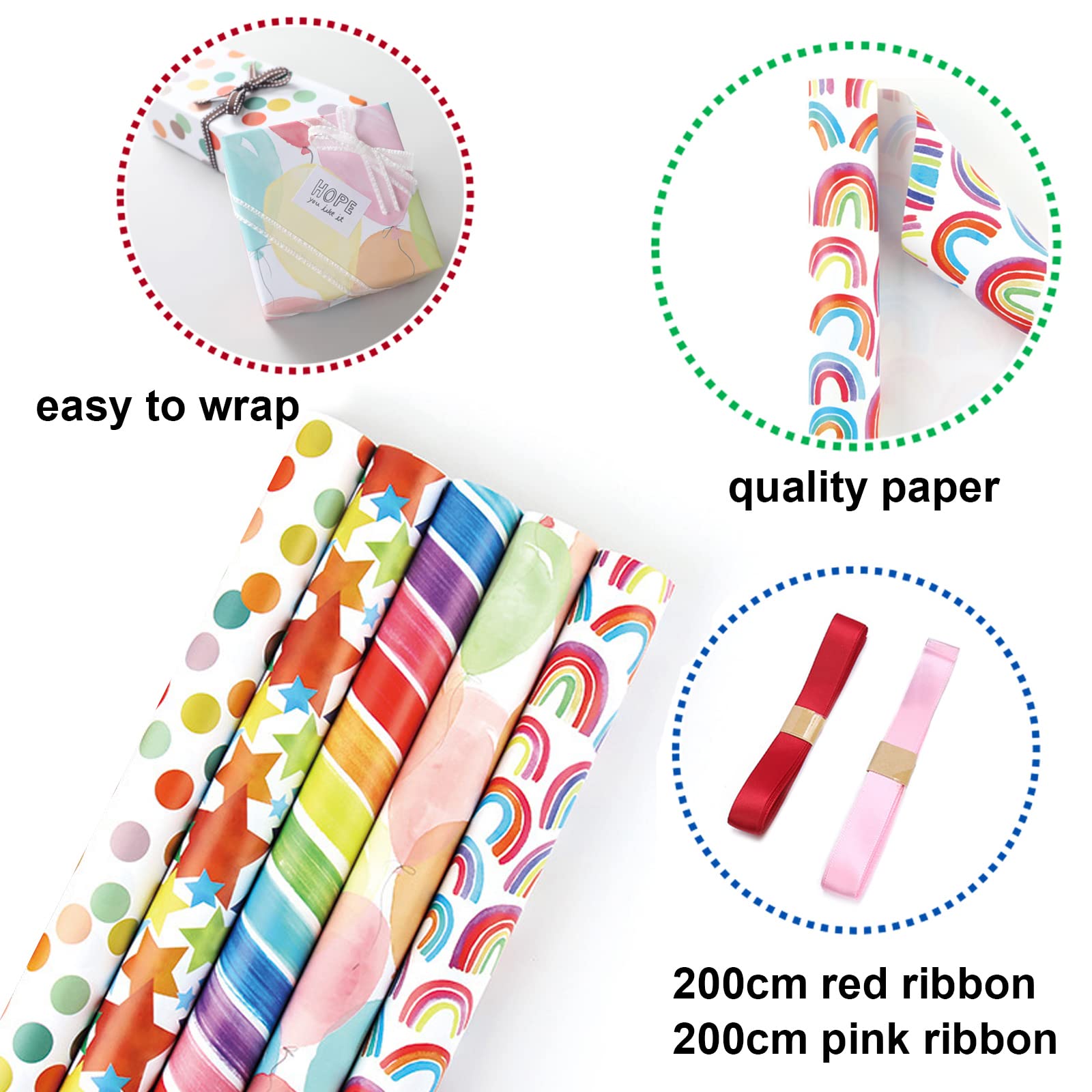 Jatidne 12 x Birthday Wrapping Paper Sheets Recyclable Gift Wrap Colorful Rainbow Wrapping Paper 70cm x 50cm Recycled Paper Folded