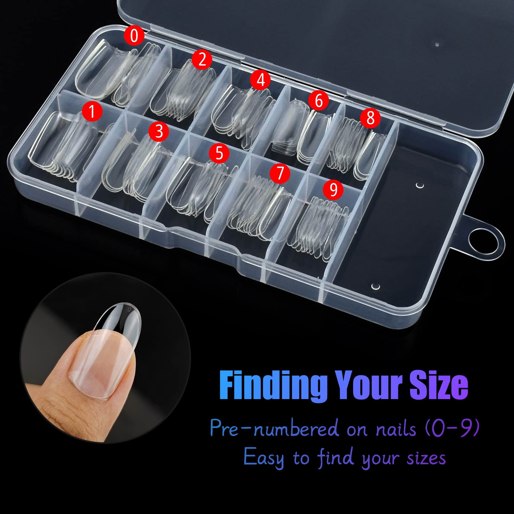 100 Pcs Clear False Nail Tips with Storage Case-Full Cover Coffin Nails in 10 Sizes for Nail Salons and DIY Nail Art-Long Lasting and Durable Artificial Fingernails for Glamorous Looks (Oval, Clear)