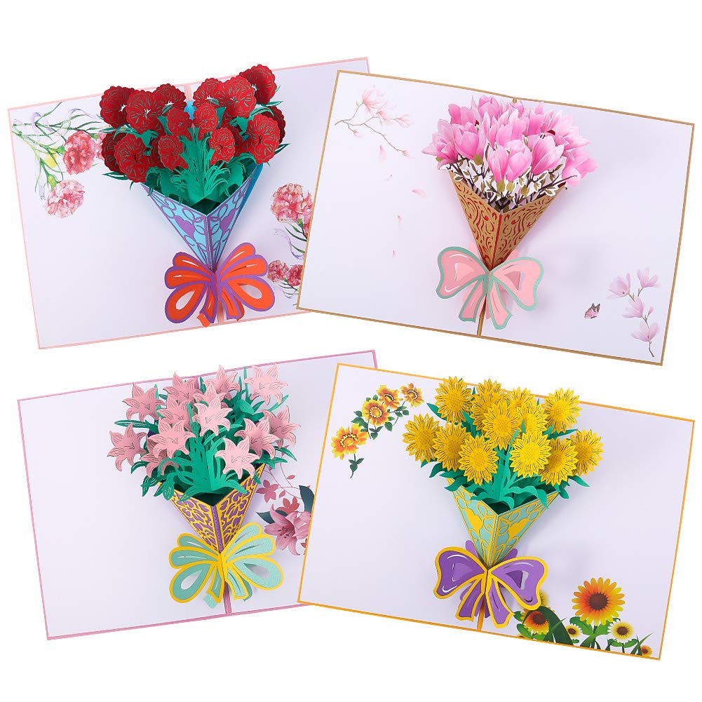 4pcs 3D Pop Up Flower Bouquet Greeting Card, Birthday Card, Thank You Card, Appreciation Card, Anniversary Card, Christmas Cards