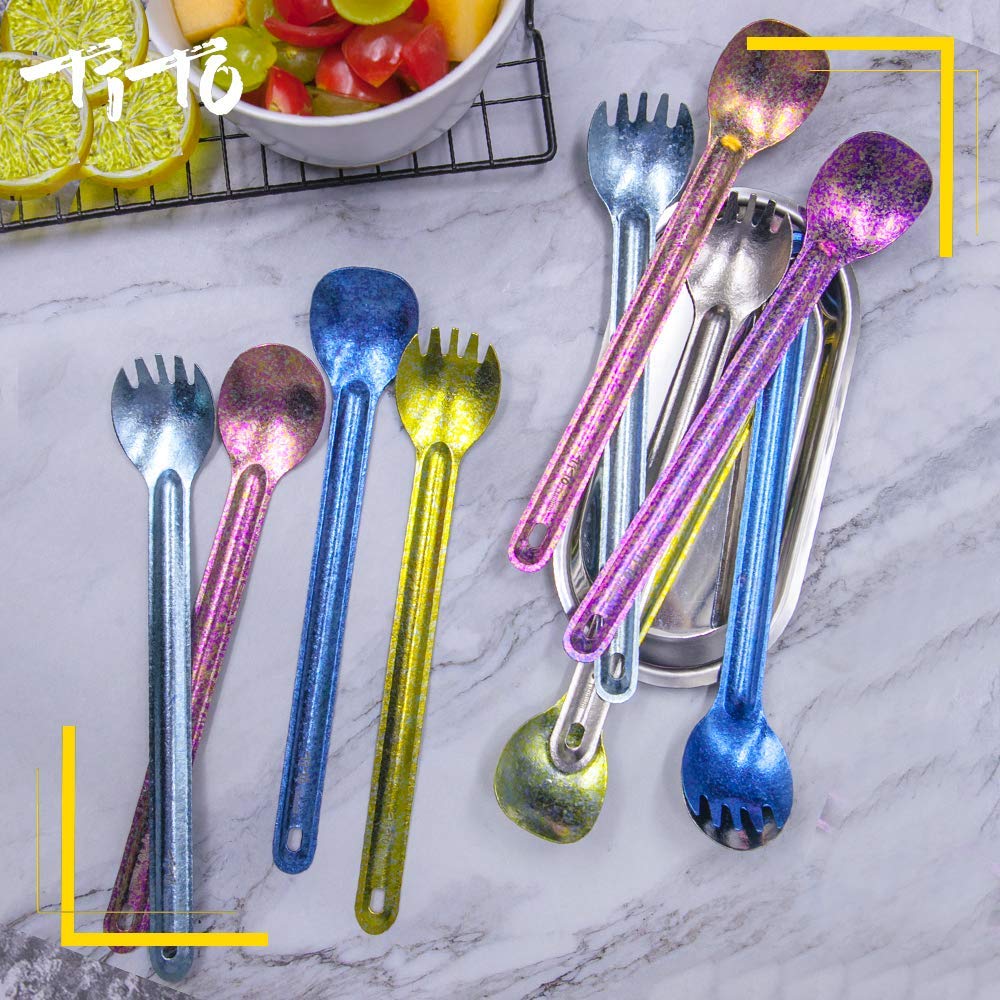 TiTo Titanium Long Handle Spork and Spoon Eco-Friendly Ultralight Portabale Flatware for Outdoor Camping Backpacking Hiking Travel Picnic Tableware with Bag(Colorful Spoon)