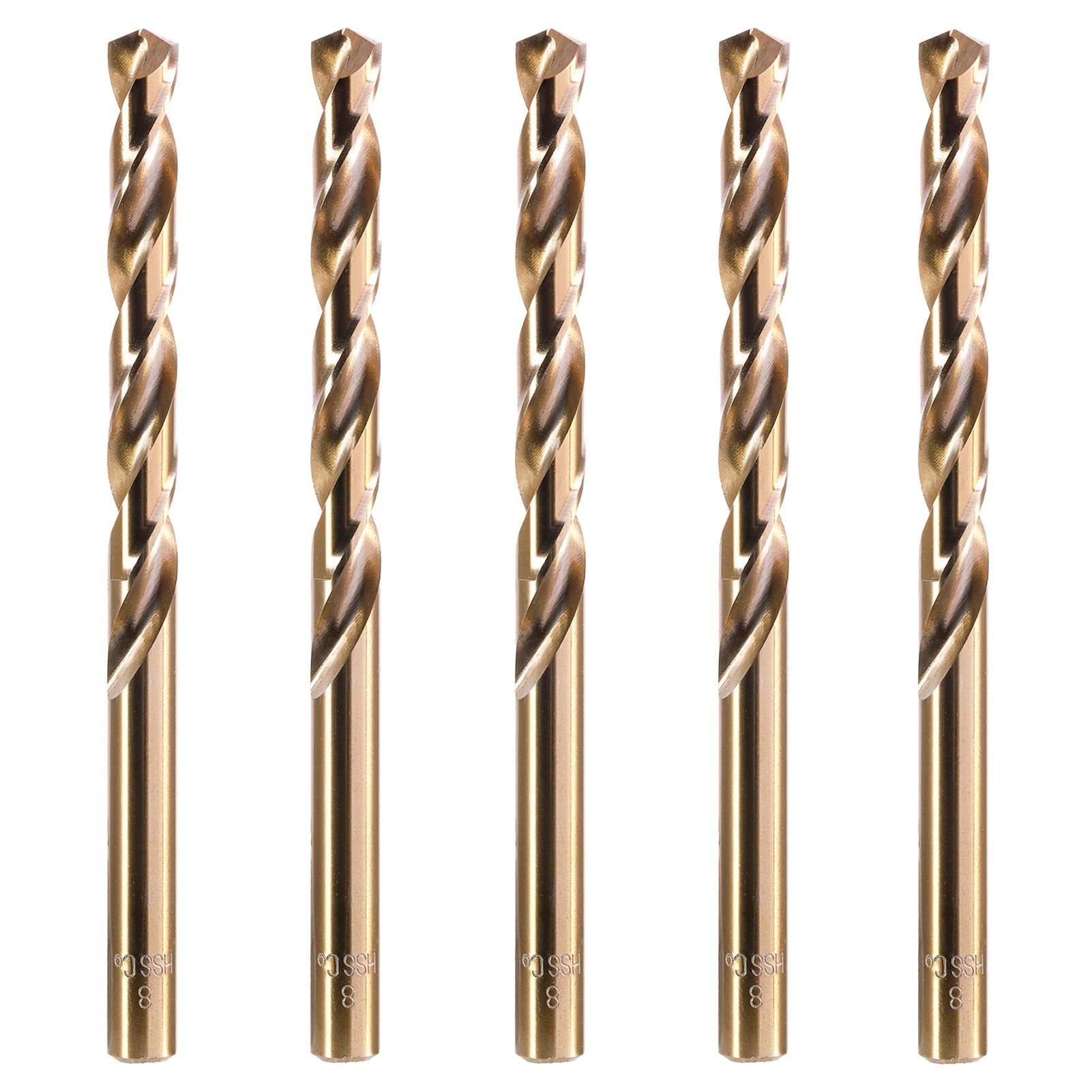 HPMAISON 8mm 5pcs HSS Gold Cobalt Jobber Drill Bit, M35 HSS Metric Straight Shank Twist Drill Bit Set for Drillling Stainless Steel & Hard Metal, Cast Iron, Copper, Aluminum, Wood, Plastic