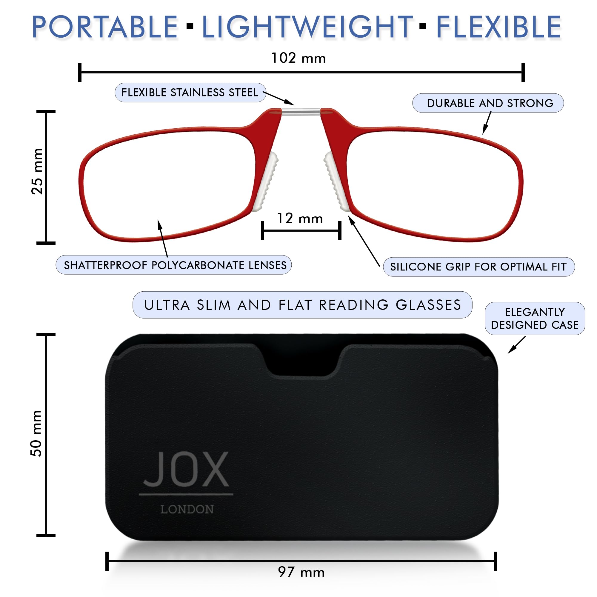 JOX Nose Reading Glasses with Compact Case - Slim Nose Reading Glasses to stick on the mobile phone - Flex-Fit Technology - Unmatched Clarity and Comfort for Your Reading Needs (Red, 1.5, Dioptres)