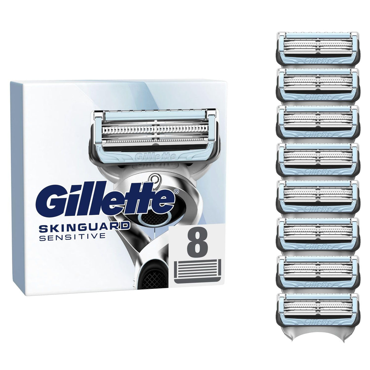 Gillette SkinGuard Sensitive Razor Blades Men, Pack of 8 Razor Blade Refills with Precision Trimmer, Fits All Skinguard ProGlide ProShield and Fusion5 Handles