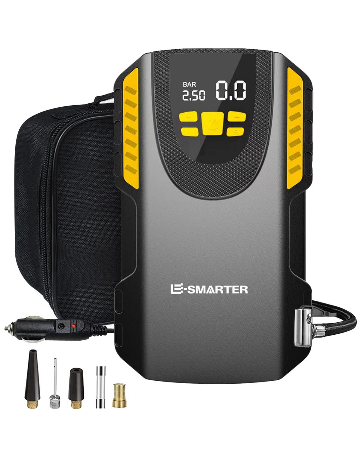 E-SMARTER Digital Tyre Inflator Air Compressor, 12V Fast Inflation Car Tyre Pump with 22mm Cylinder, Car Tyre Inflator with Real-time Dual Display Screen, Versatile Car Pumps for Tyres, Ball, Bike